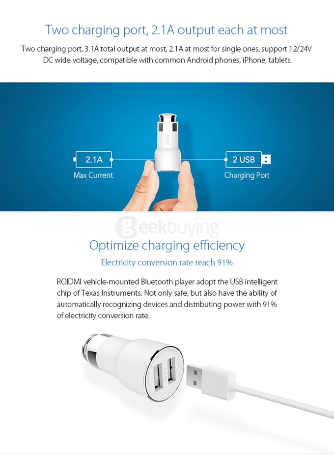 Original Xiaomi Roidmi Bluetooth Car Charger Adapter BT Car Player 2.1A Fast Charge - White
