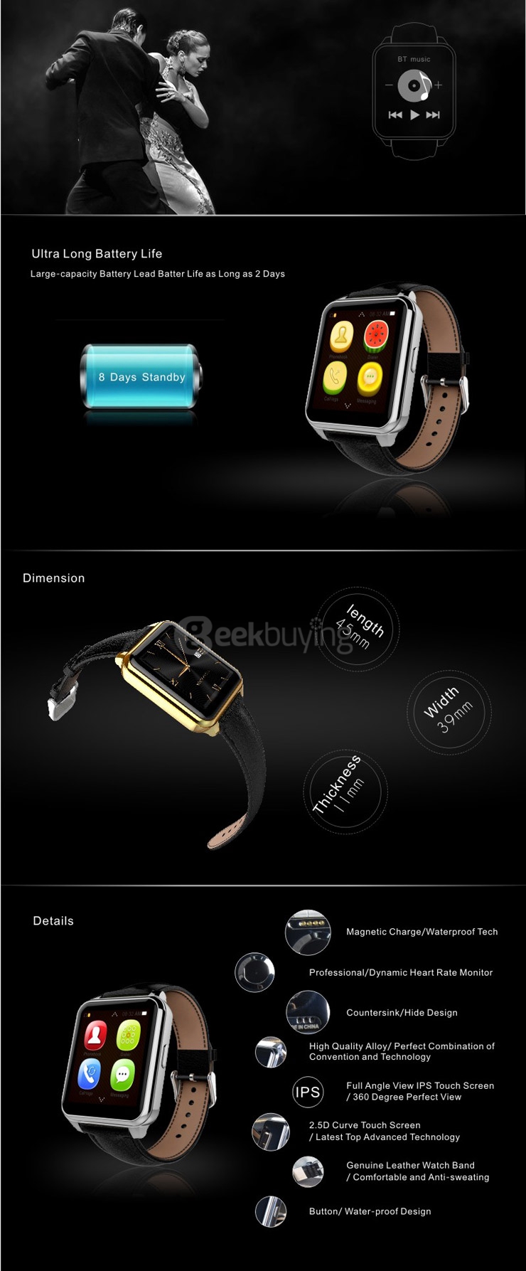 F2 Bluethooth 4.0/3.0 Smart Watch MTK2502 1.55