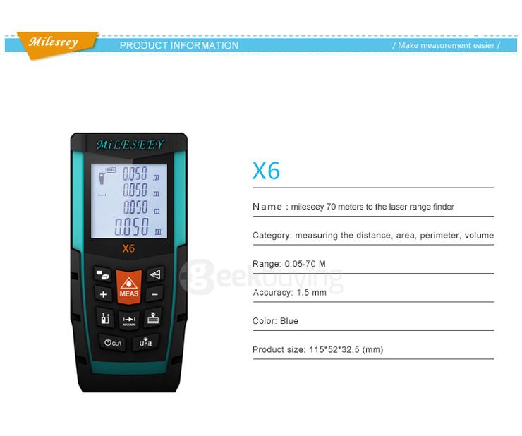 Mileseey X6 70m Handheld Rangefinder Laser Distance Meter Digital Laser Range Finder