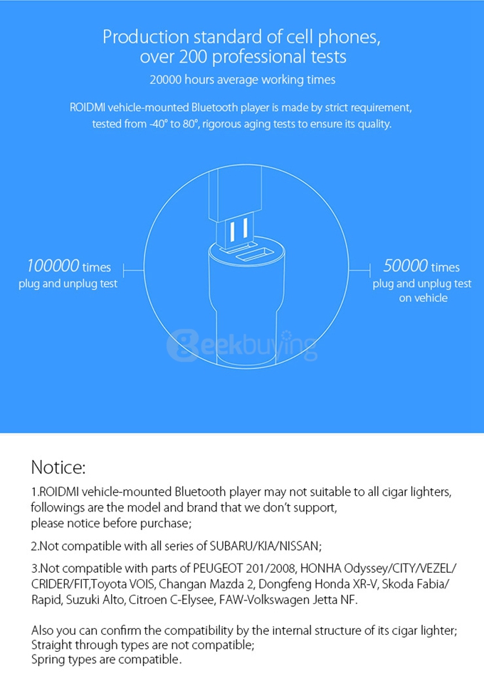 Original Xiaomi Roidmi Bluetooth Car Charger Adapter BT Car Player 2.1A Fast Charge - White