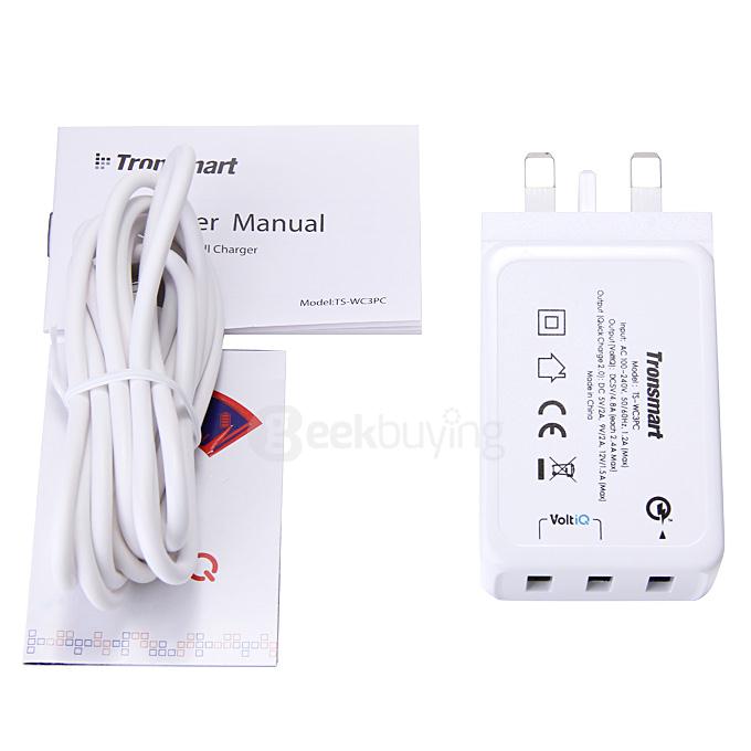 Qualcomm Certified Tronsmart Premium Design Quick Charge 2.0 42W 3 Ports Wall Charger for Samsung/Sony/HTC - UK Plug