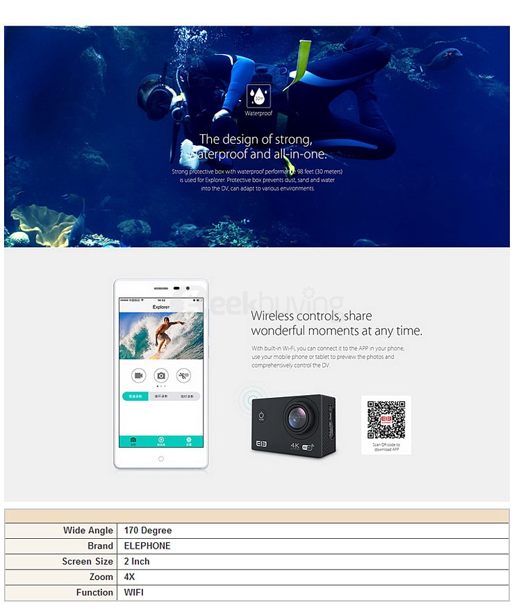 ELEPHONE ELE CAM Exployer WIFI Allwinner V3 2.0 Inch TFT LCD 4K 15FPS Waterproof Action Sport Camera - Gold