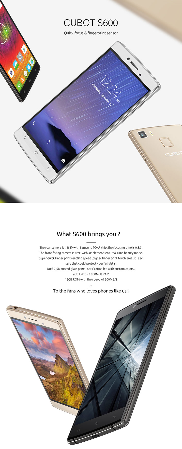 CUBOT S600 5.0inch IPS HD 4G FDD-LTE Android 5.1 Smartphone 2GB 16GB 64-bit MTK6735A Quad Core 16.0MP Touch ID - Black