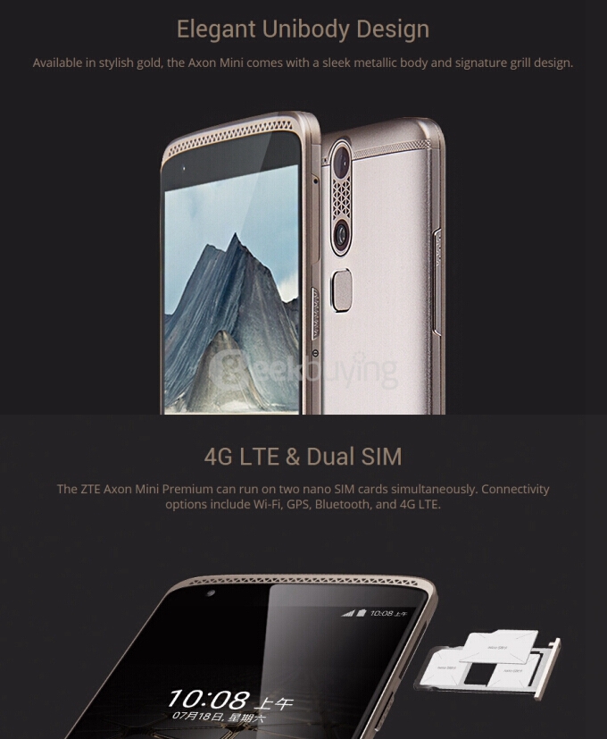 [HK Stock] ZTE Axon Mini 5.2inch Android 5.1 3GB 32GB Smartphone Qualcomm MSM8939 Octa Core 13.0MP HIFI Touch ID - Ion Gold