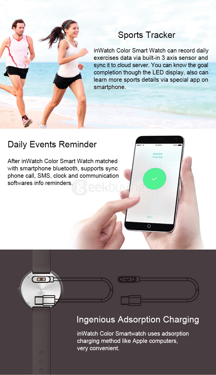 inWatch Color Bluetooth 4.0 Smart Watch Sleep Monitor Pedometer Fitness Tracker Call SMS Reminder Anti-lost For Android iOS - Black