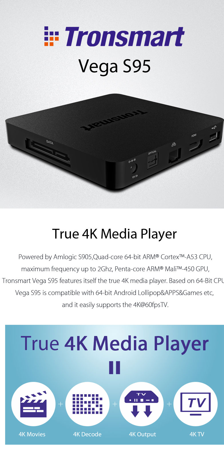 Tronsmart Vega S95 Telos Amlogic S905 3D Blu-ray TV Box 4K 2G/16G 2.4G/5Ghz 802.11ac WIFI Gigabit LAN SATA Bluetooth4.0 XBMC H.265 Miracast OTA