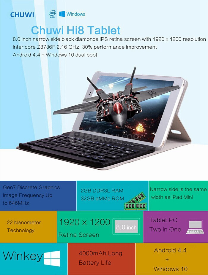 [Package B] CHUWI Hi8 Dual OS Windows10 & Android4.4 Tablet PC + Removable Bluetooth Keyboard with Case + Screen Film