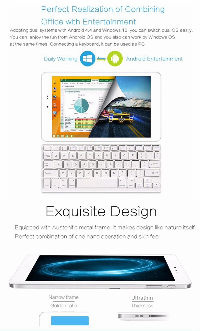 [Package B] CHUWI Hi8 Dual OS Windows10 & Android4.4 Tablet PC + Removable Bluetooth Keyboard with Case + Screen Film