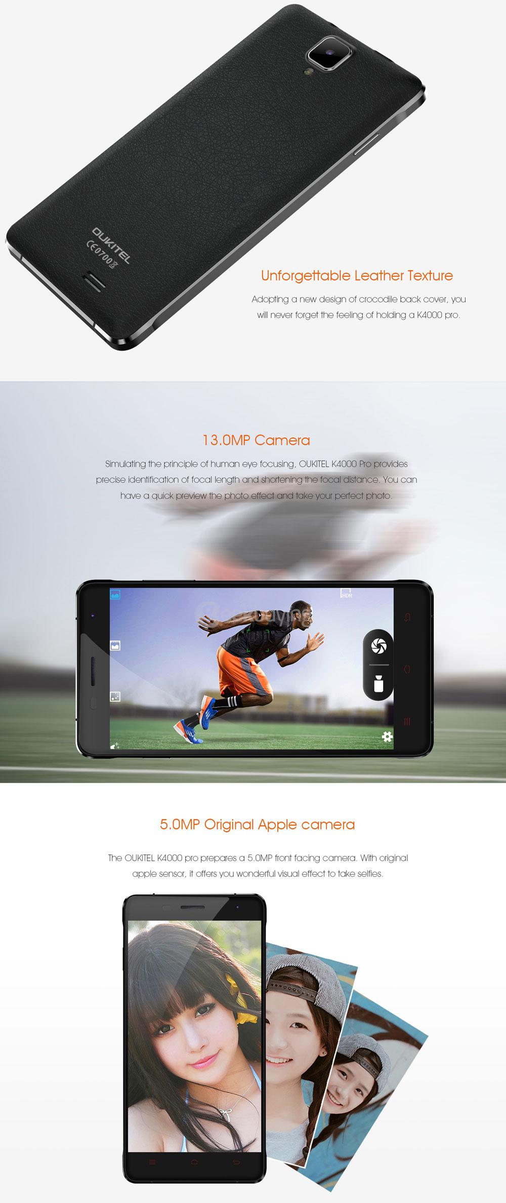 [HK Stock] OUKITEL K4000 Pro 5.0inch 4G FDD-LTE 4600mAh Android 5.1 Smartphone MT6735 Quad Core 2GB 16GB 13.0MP IPS HD 5V/1.5A Quick Charge - Black