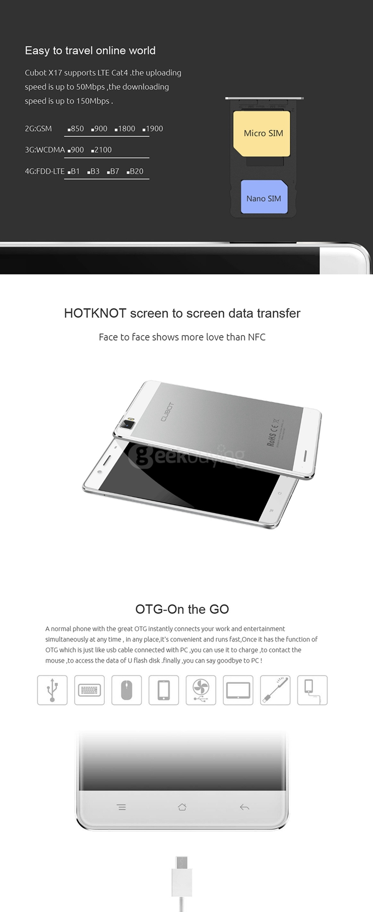 [HK Stock]CUBOT X17 5.0inch FHD 4G FDD-LTE Android 5.1 3GB 16GB Smartphone 64bit MTK6735A Quad Core 16.0MP OTG HotKnot - White