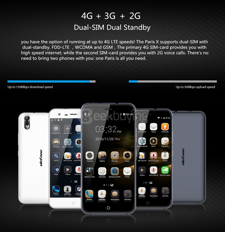 (Package B) Ulefone Paris X 5.0inch Android 5.1 2GB 16GB Smartphone (Black) + Tempered Glass Screen Portector + Leather Case (Black)