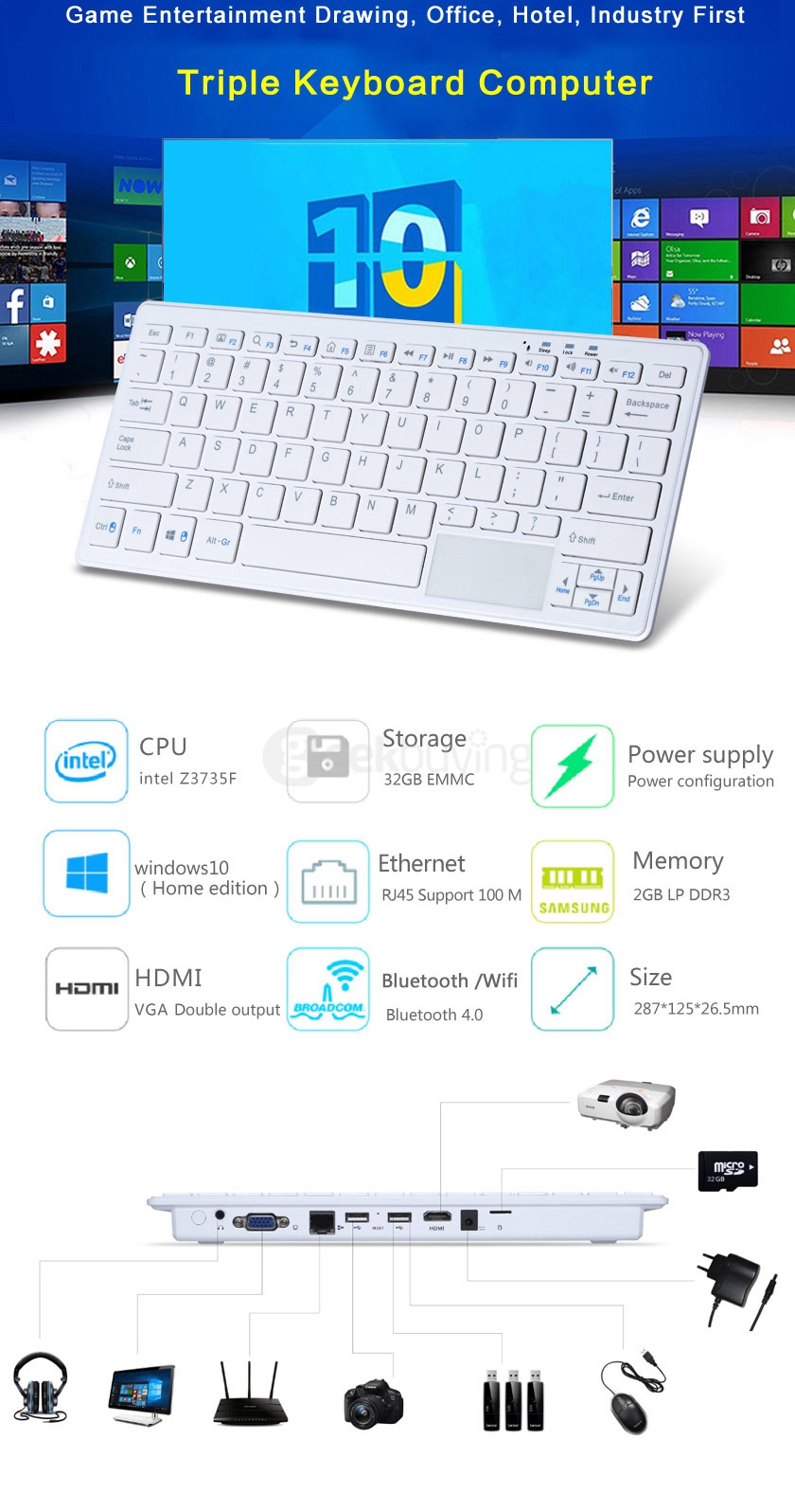 K3 Wintel Keyboard Windows MINI PC with 76 Keys & Touch Pannel Intel Z3735F 2G/32G 802.11 b/g/n LAN Bluetooth4.0 HDMI VGA - White