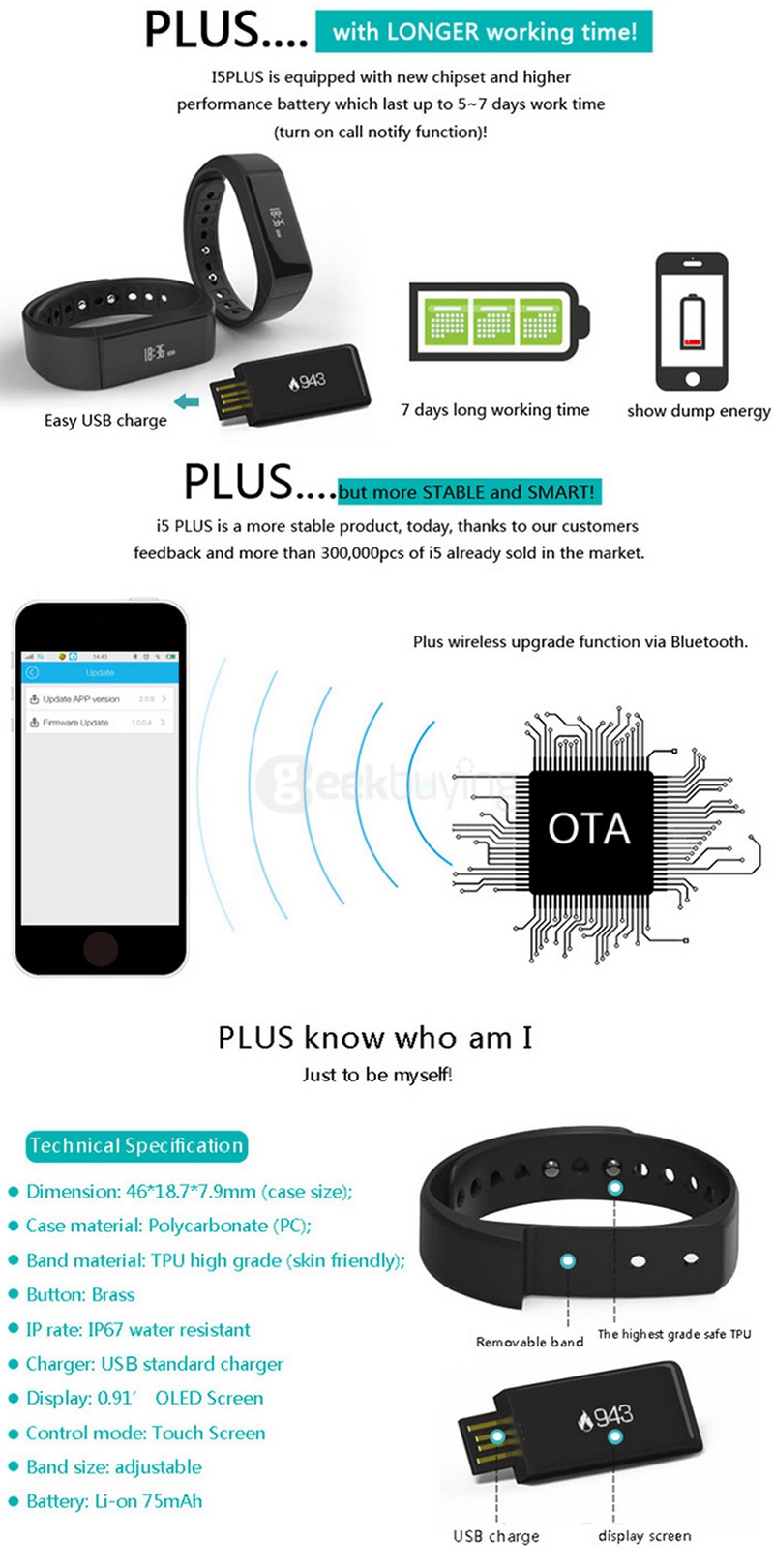 iWOWN i5 Plus BT4.0 Smart Bracelet IP67 Sleep Monitoring Sports Fitness Tracker Smartband Call Message Reminder Sedentary Alert - Black