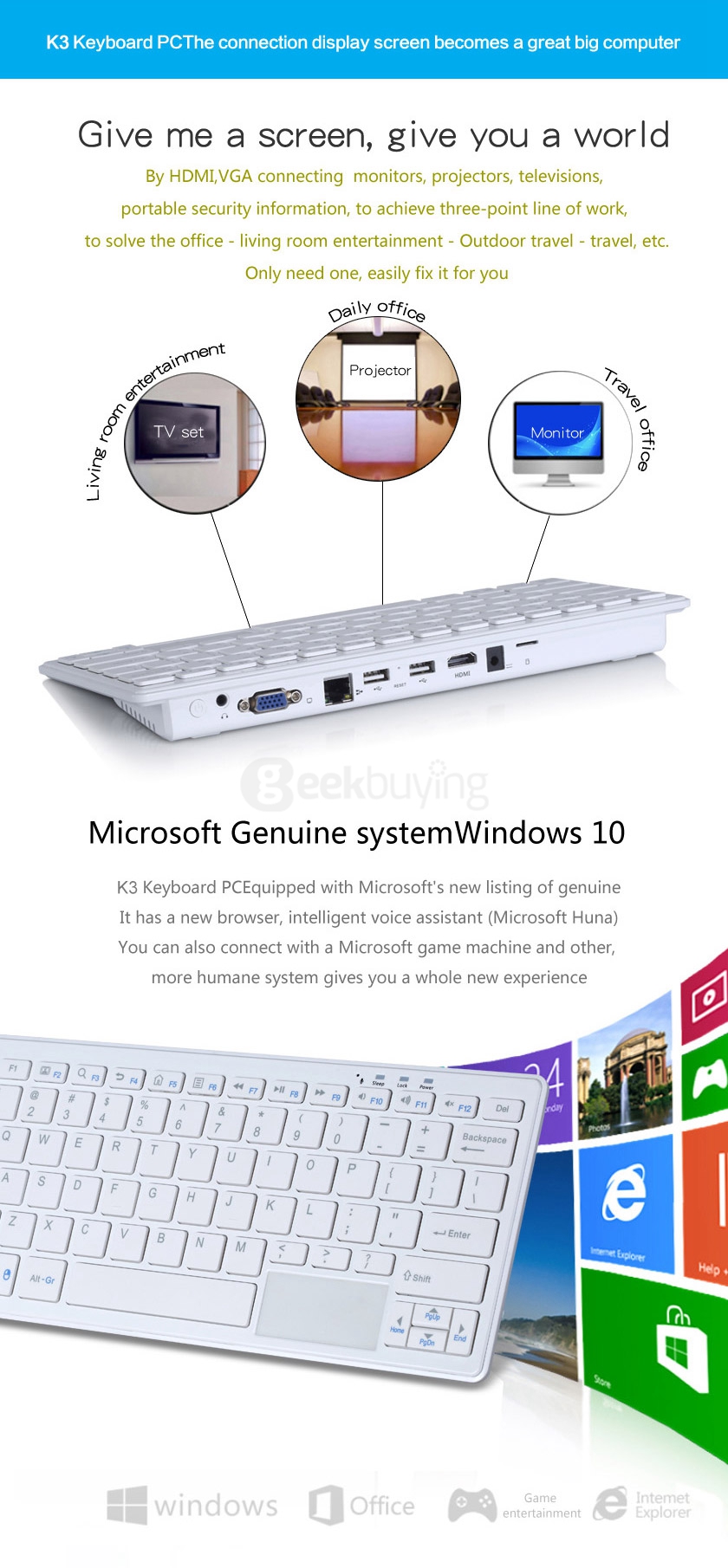 K3 Wintel Keyboard Windows MINI PC with 76 Keys & Touch Pannel Intel Z3735F 2G/32G 802.11 b/g/n LAN Bluetooth4.0 HDMI VGA - White
