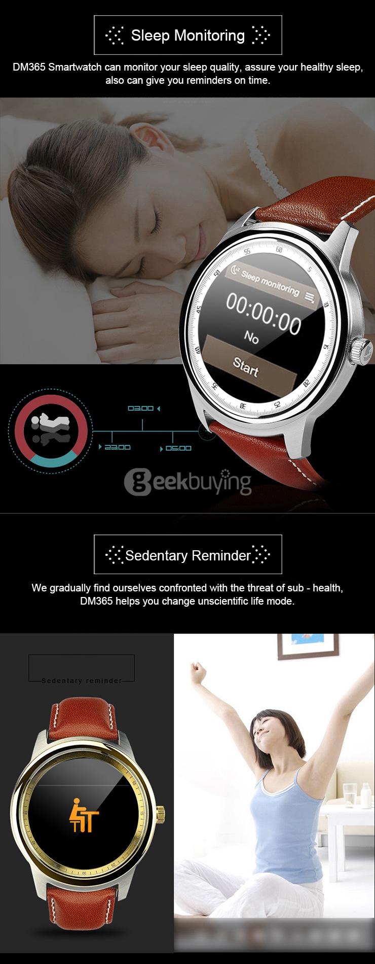 Makibes DM365 Bluetooth 4.0 Smart Watch MT2502A With Leather Strap Touch Screen Pedometer Sleep Monitor Anti-lost for iOS Android - Black