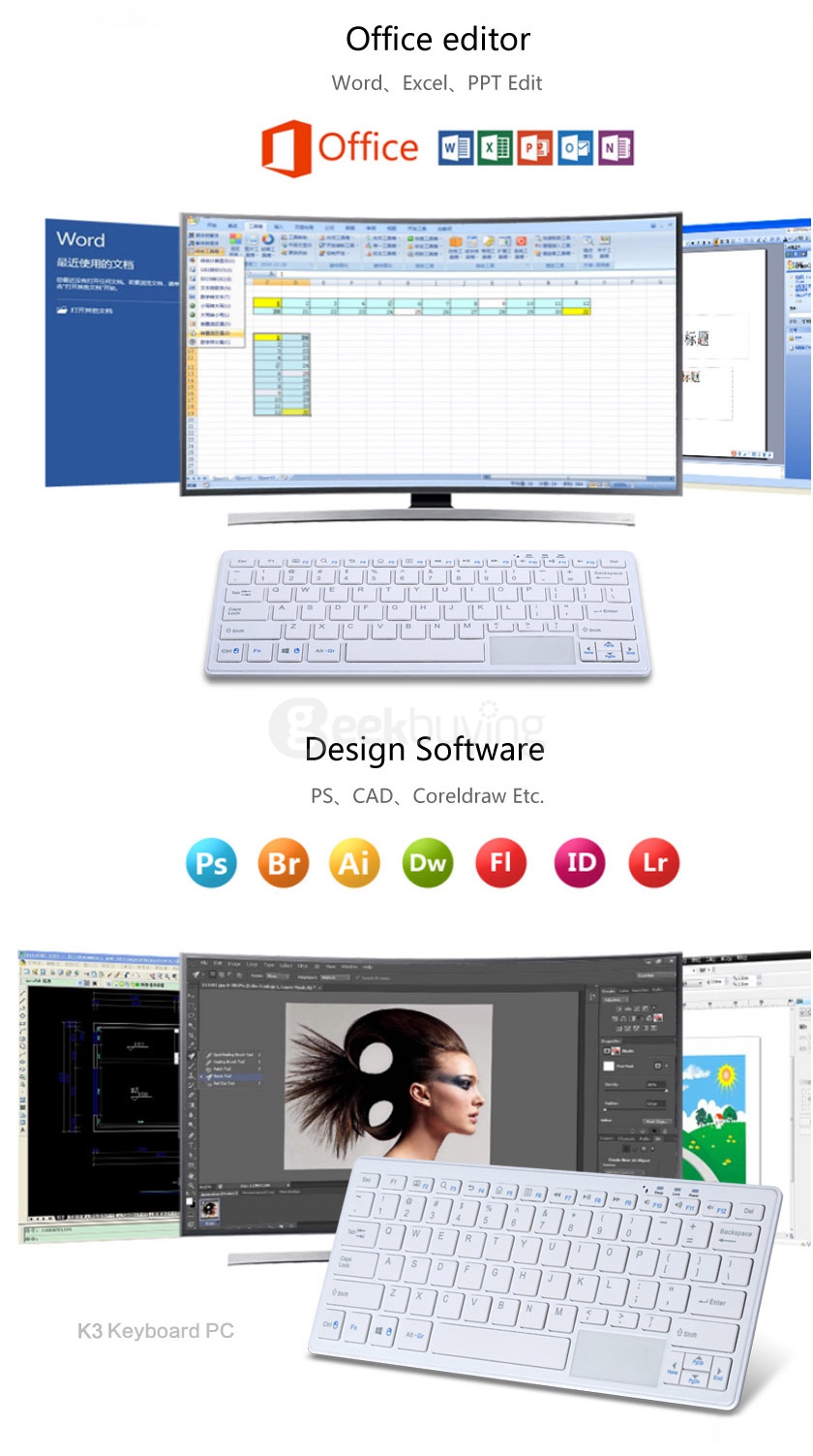 K3 Wintel Keyboard Windows MINI PC with 76 Keys & Touch Pannel Intel Z3735F 2G/32G 802.11 b/g/n LAN Bluetooth4.0 HDMI VGA