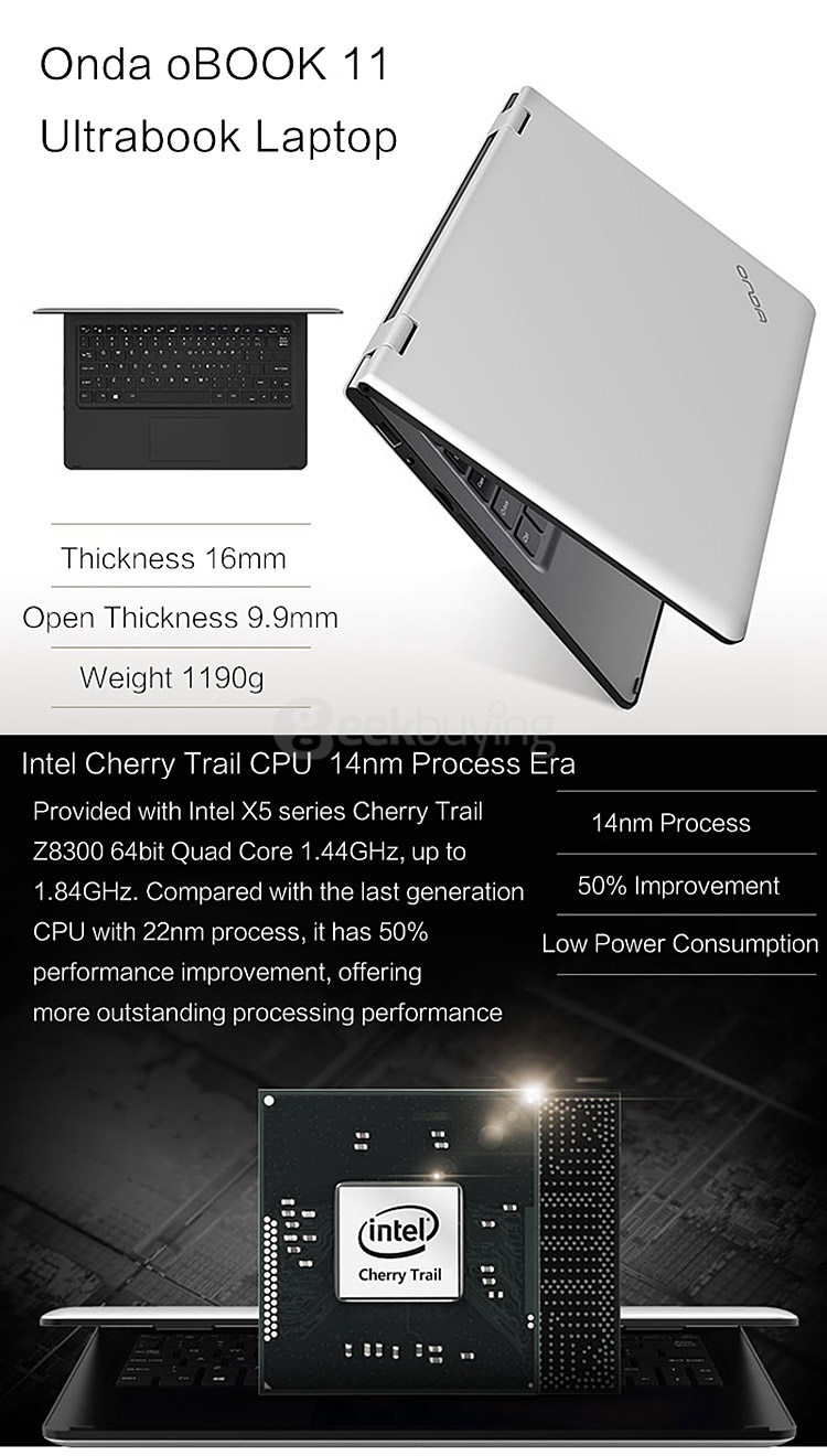 [Spain Stock]Onda oBook 11 Ultrabook Laptop 11.6 inch Windows10 4GB/64GB Intel Cherry Trail Z8300 Quad Core 1.84GHz IPS 1920*1080 - Silver