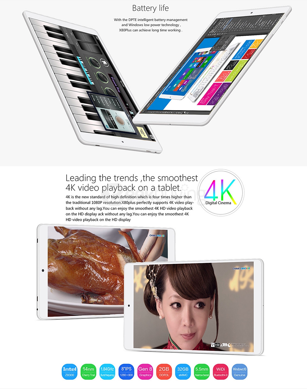 Teclast X80 Plus Tablet PC 8 inch Dual OS Windows 10 + Android 5.1 2GB/32GB Intel Atom X5 Z8300 Quad Core 1.84GHz IPS 1280*800 - White