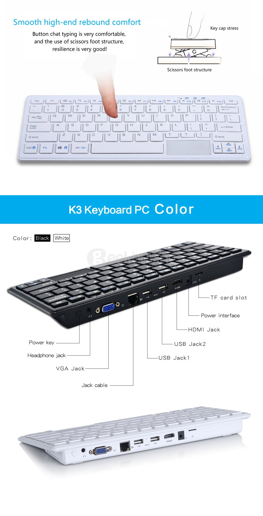 K3 Wintel Keyboard Windows MINI PC with 76 Keys & Touch Pannel Intel Z3735F 2G/32G 802.11 b/g/n LAN Bluetooth4.0 HDMI VGA - White