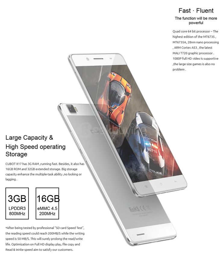 [HK Stock]CUBOT X17 5.0inch FHD 4G FDD-LTE Android 5.1 3GB 16GB Smartphone 64bit MTK6735A Quad Core 16.0MP OTG HotKnot - White