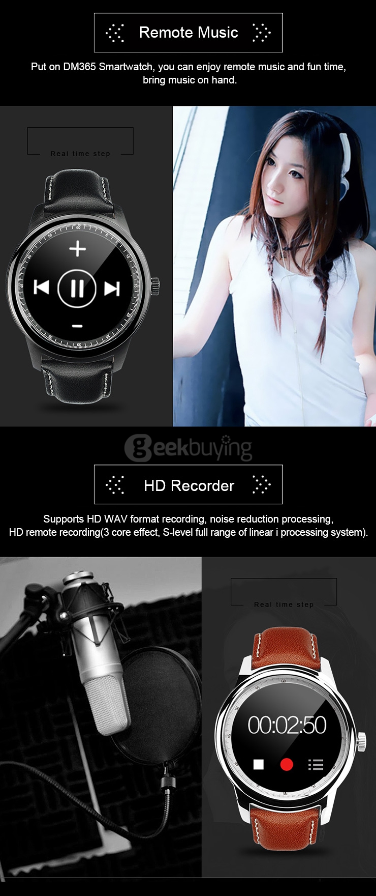 Makibes DM365 Bluetooth 4.0 Smart Watch MT2502A With Leather Strap Touch Screen Pedometer Sleep Monitor Anti-lost for iOS Android - Black