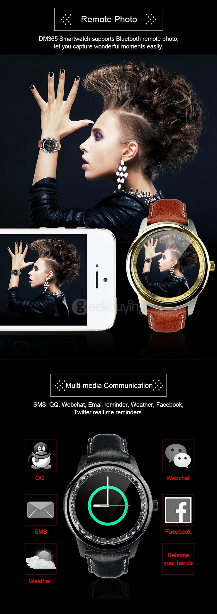 Makibes DM365 Bluetooth 4.0 Smart Watch MT2502A With Leather Strap Touch Screen Pedometer Sleep Monitor Anti-lost for iOS Android - Black
