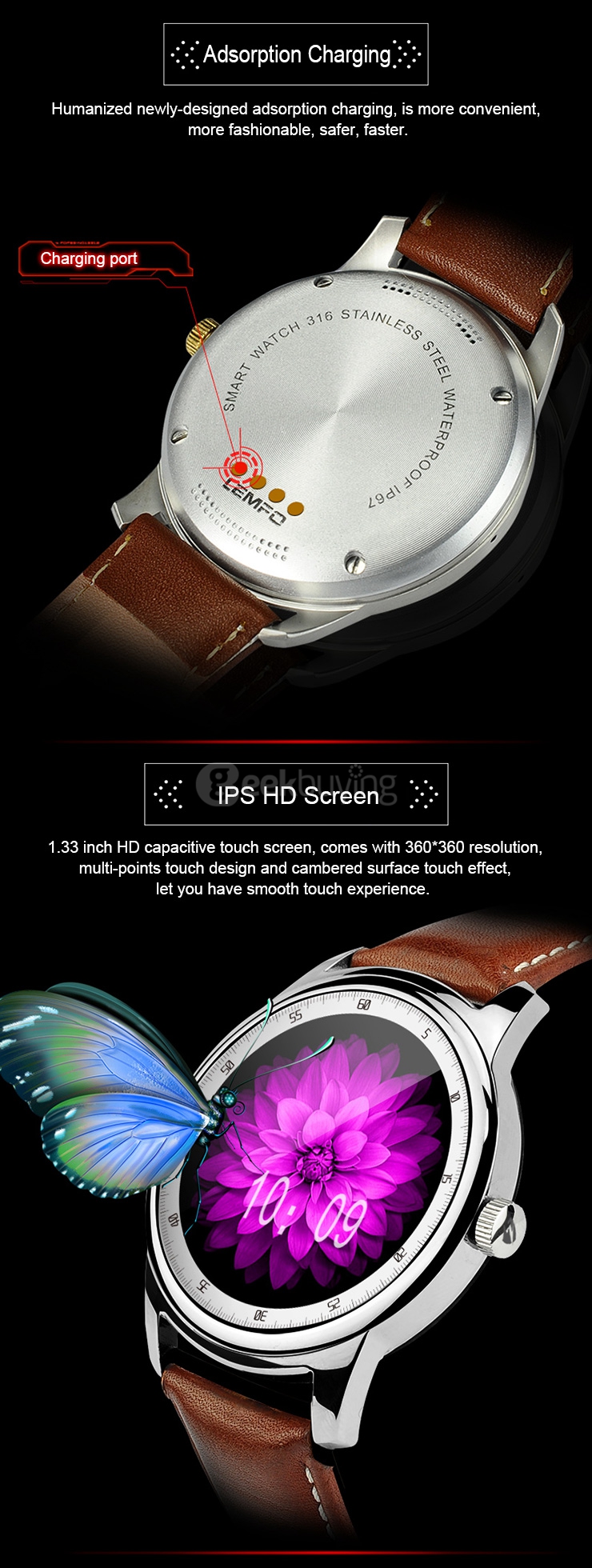 Makibes DM365 Bluetooth 4.0 Smart Watch MT2502A With Leather Strap Touch Screen Pedometer Sleep Monitor Anti-lost for iOS Android - Black