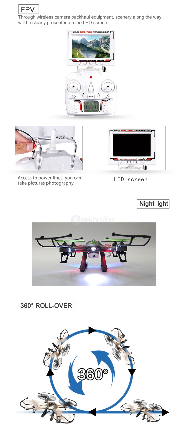 JJRC H9D 2.4G 4CH 6 Axis Gyro RC Quadcopter with 0.3MP Camera FPV Real Time Transmission - Gold