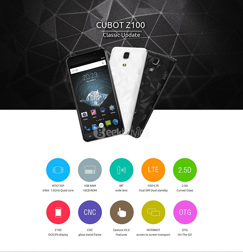 [HK Stock] CUBOT Z100 5.0inch HD 4G FDD-LTE Android 5.1 1GB RAM 16GB ROM Smartphone 64bit MTK6735P Quad Core IPS - White
