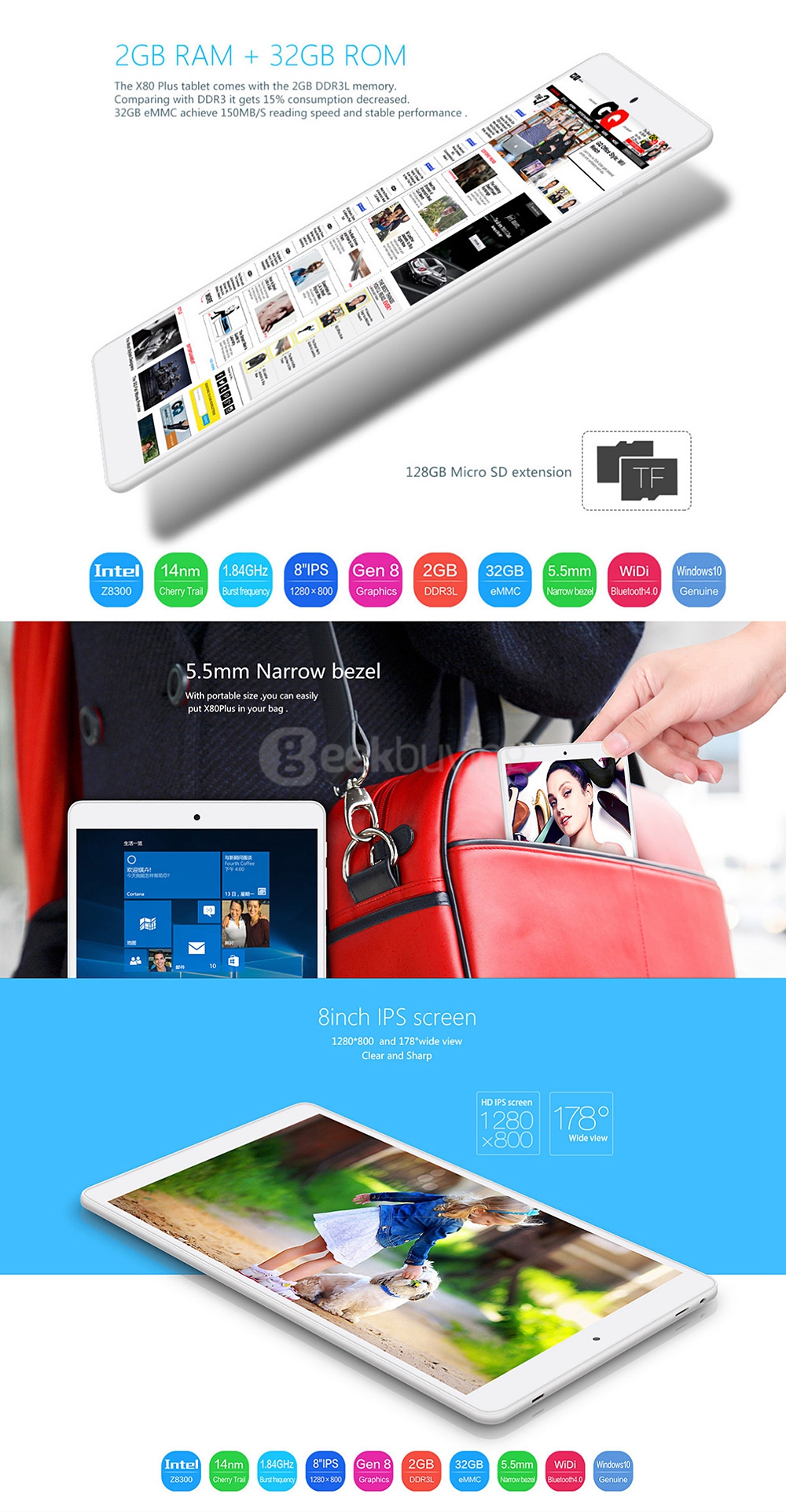Teclast X80 Plus Tablet PC 8 inch Dual OS Windows 10 + Android 5.1 2GB/32GB Intel Atom X5 Z8300 Quad Core 1.84GHz IPS 1280*800 - White