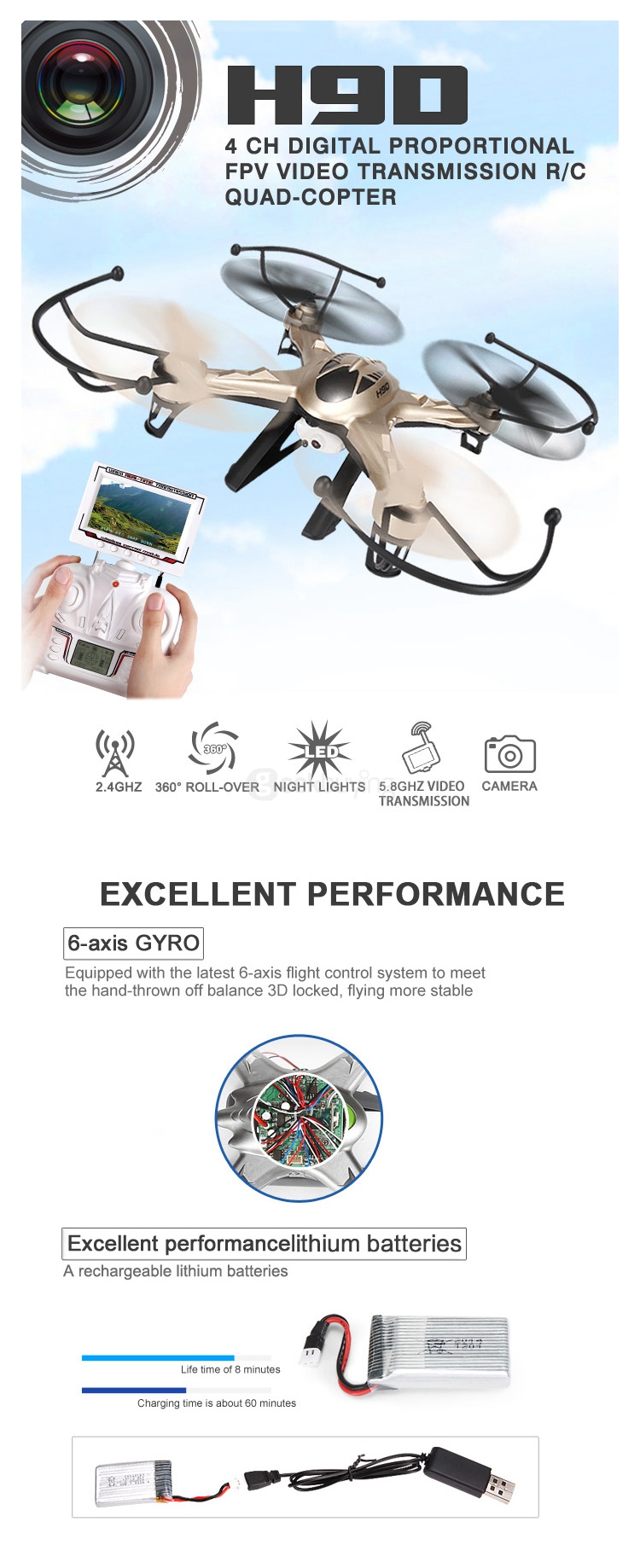 JJRC H9D 2.4G 4CH 6 Axis Gyro RC Quadcopter with 0.3MP Camera FPV Real Time Transmission - Gold