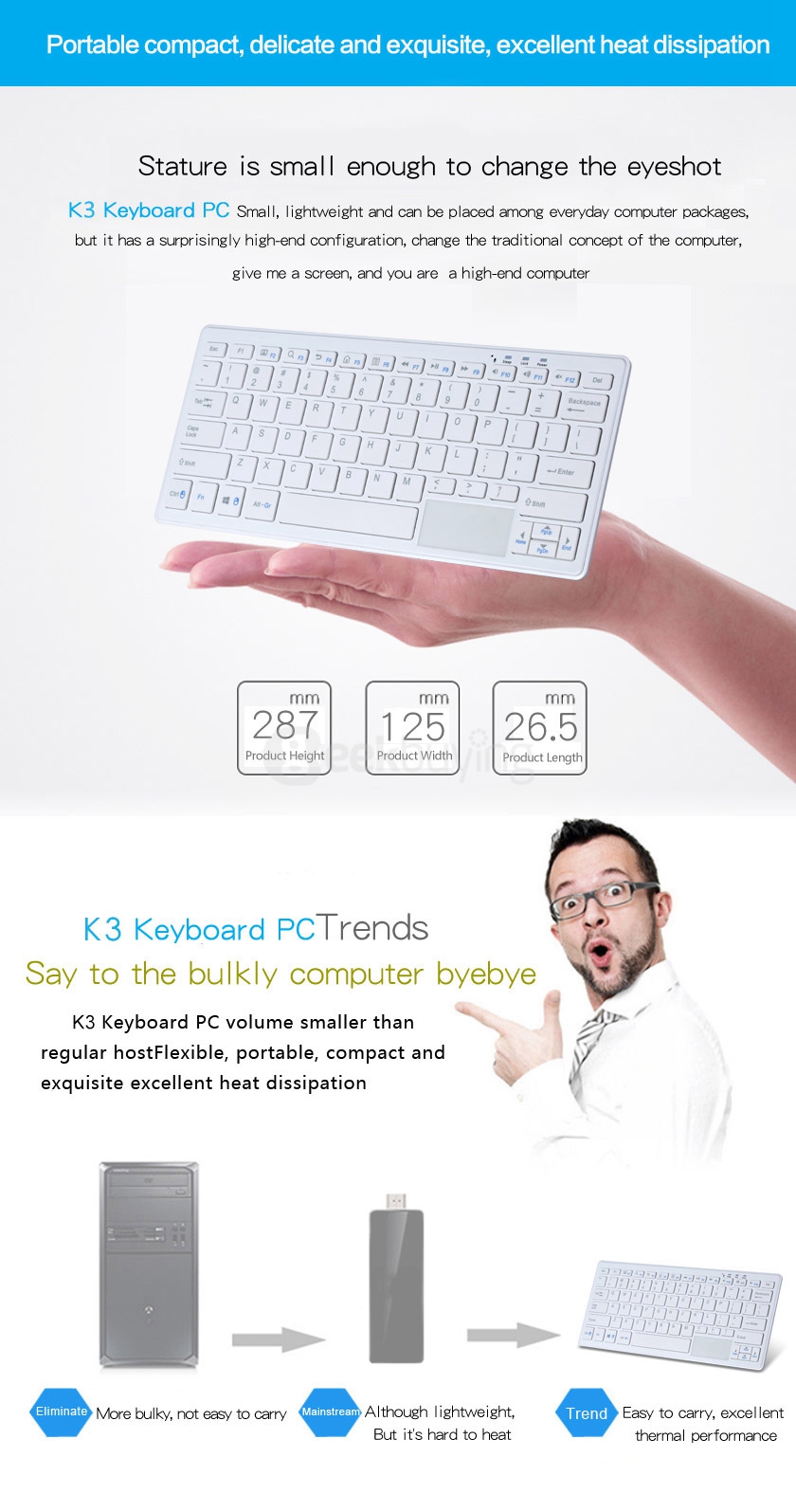 K3 Wintel Keyboard Windows MINI PC with 76 Keys & Touch Pannel Intel Z3735F 2G/32G 802.11 b/g/n LAN Bluetooth4.0 HDMI VGA - White