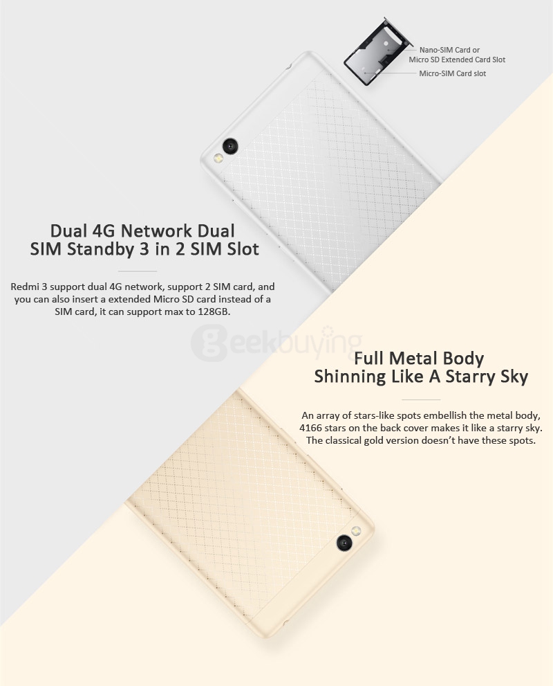 XIAOMI Redmi 3 5.0inch HD 4G LTE 2GB 16GB Smartphone Qualcomm Snapdragon 616 Octa Core 1.5GHz 4100mAh Battery - Plaid Gold
