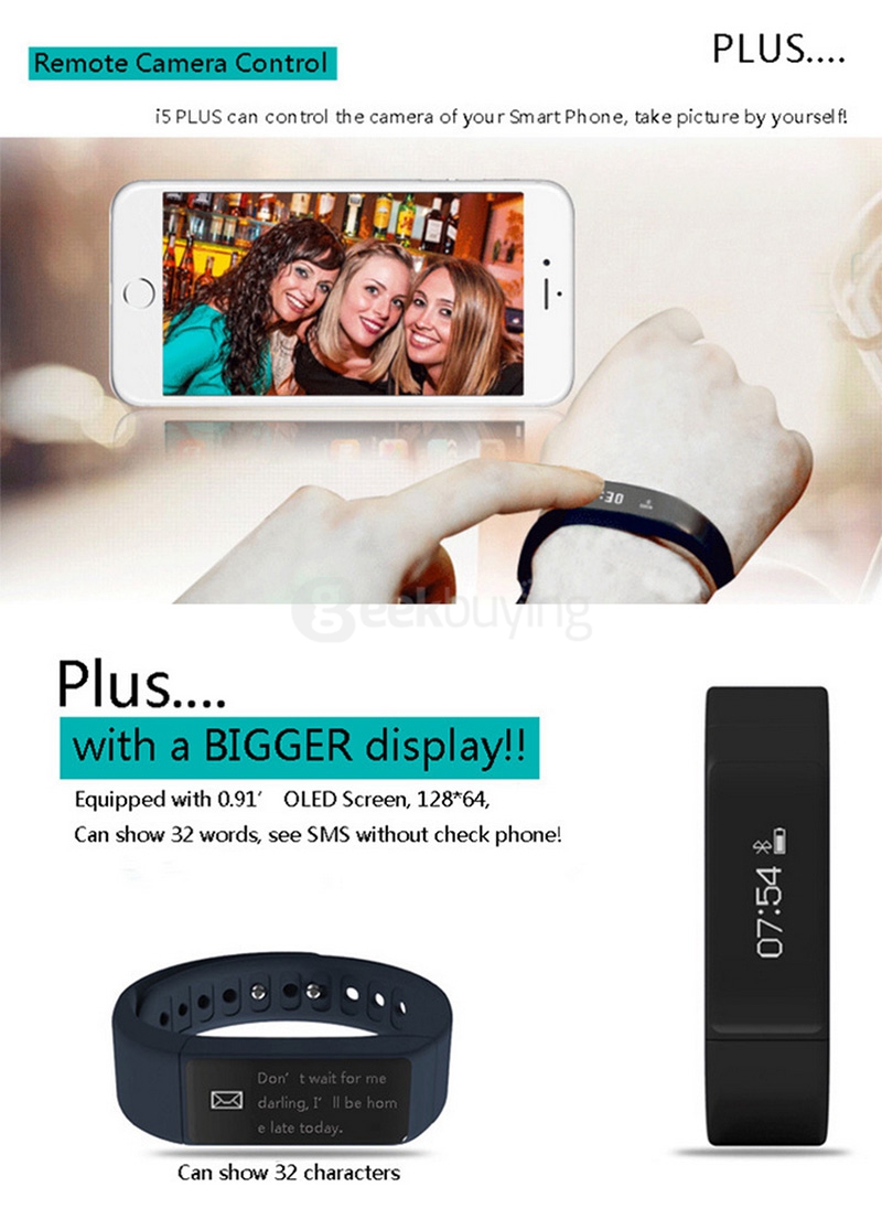 iWOWN i5 Plus BT4.0 Smart Bracelet IP67 Sleep Monitoring Sports Fitness Tracker Smartband Call Message Reminder Sedentary Alert - Black