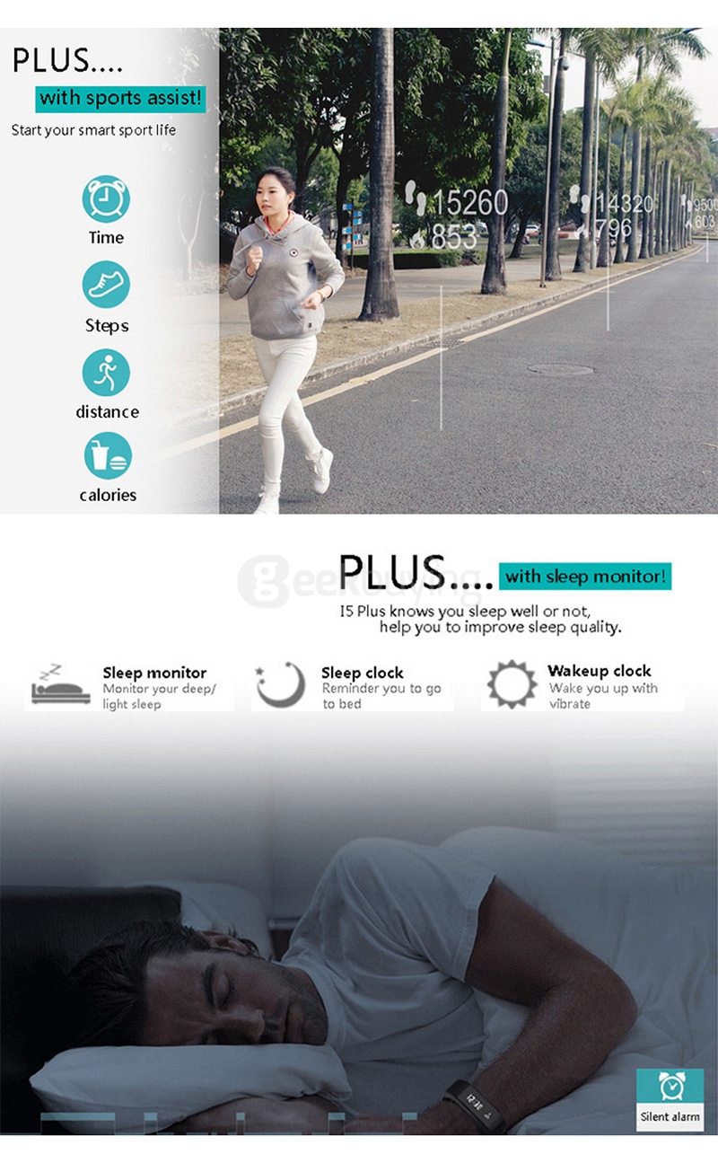 iWOWN i5 Plus BT4.0 Smart Bracelet IP67 Sleep Monitoring Sports Fitness Tracker Smartband Call Message Reminder Sedentary Alert - Black