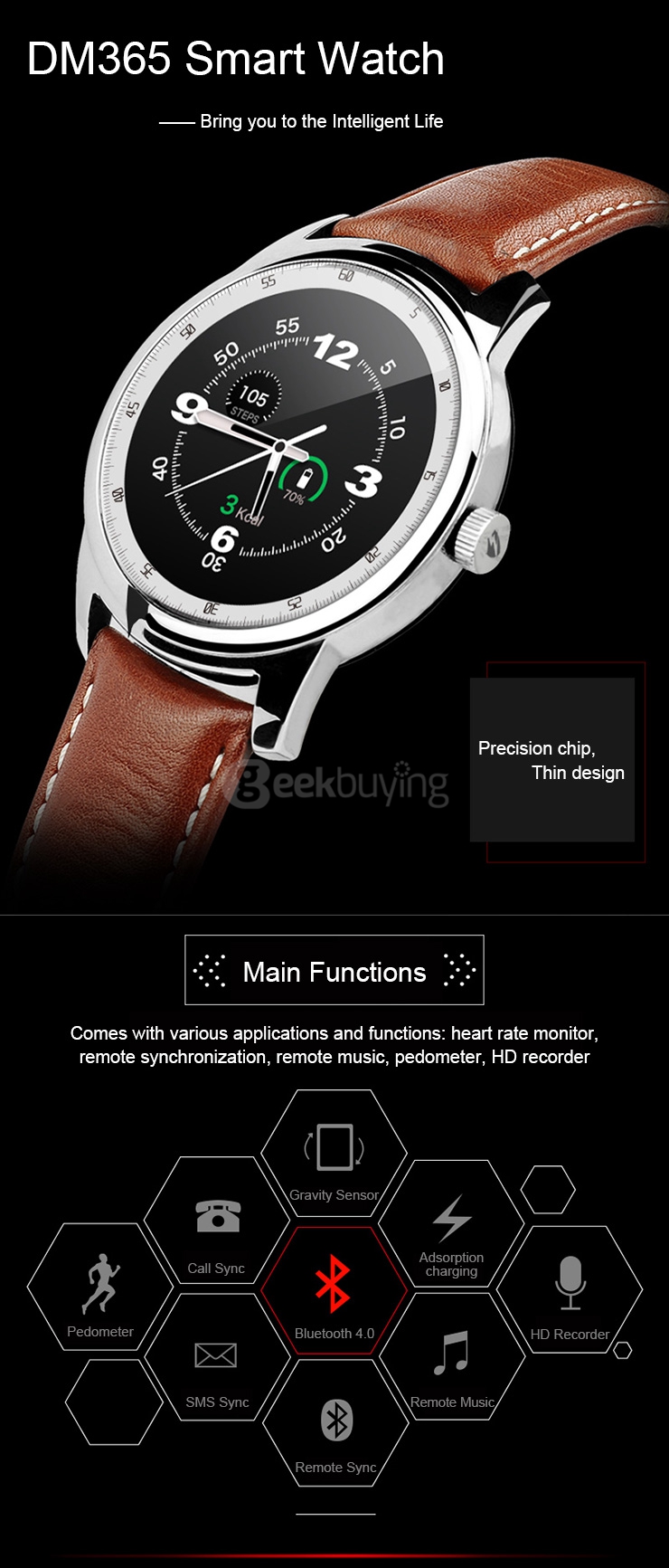Makibes DM365 Bluetooth 4.0 Smart Watch MT2502A With Leather Strap Touch Screen Pedometer Sleep Monitor Anti-lost for iOS Android - Black