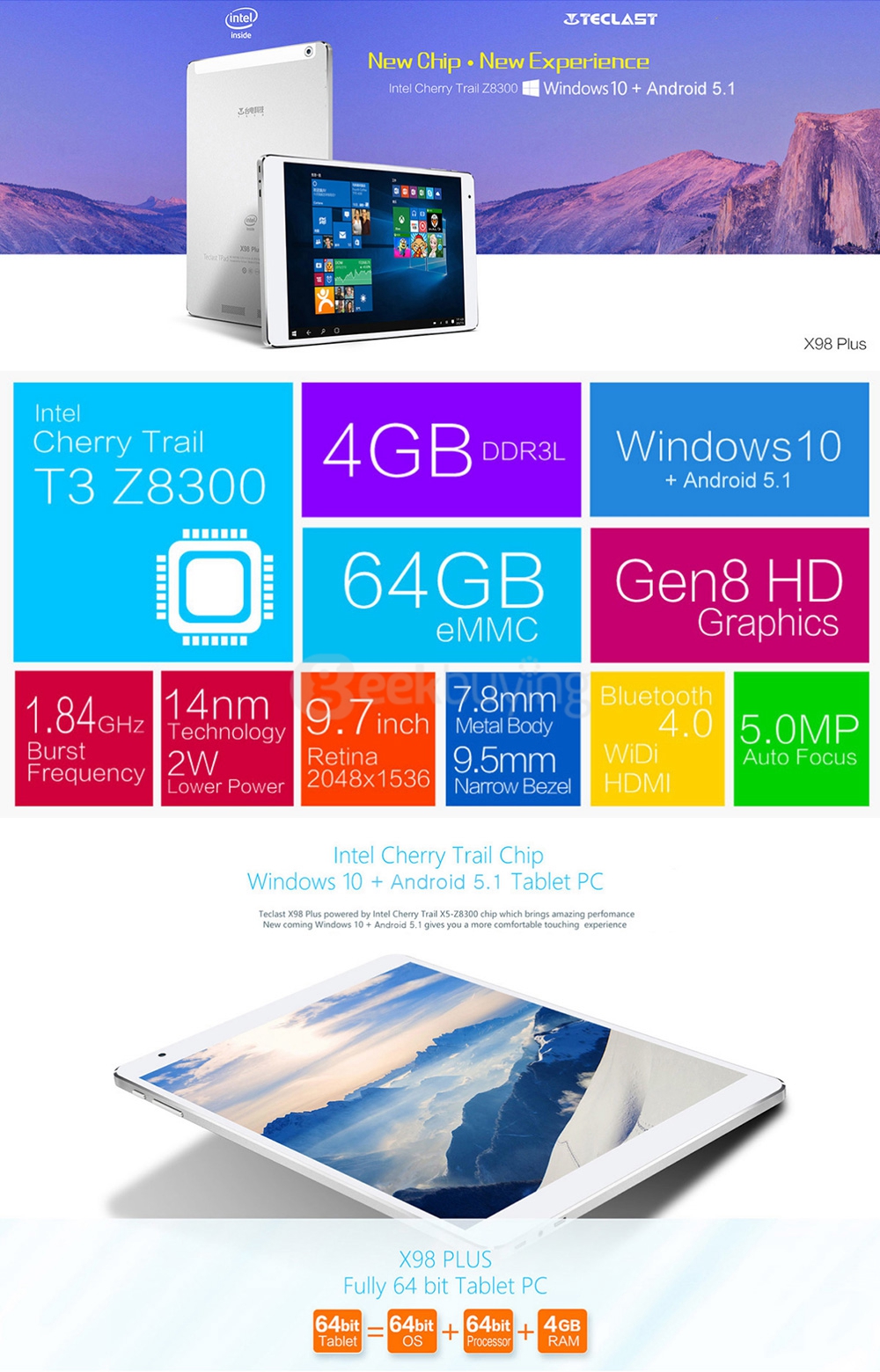 [Spain Stock]Teclast X98 Plus Dual OS Windows10 + Android 5.1 4GB/64GB 9.7 inch Tablet PC Intel Cherry Trail Z8300 Quad Core 1.84GHz IPS 2048*1536 HDMI - White