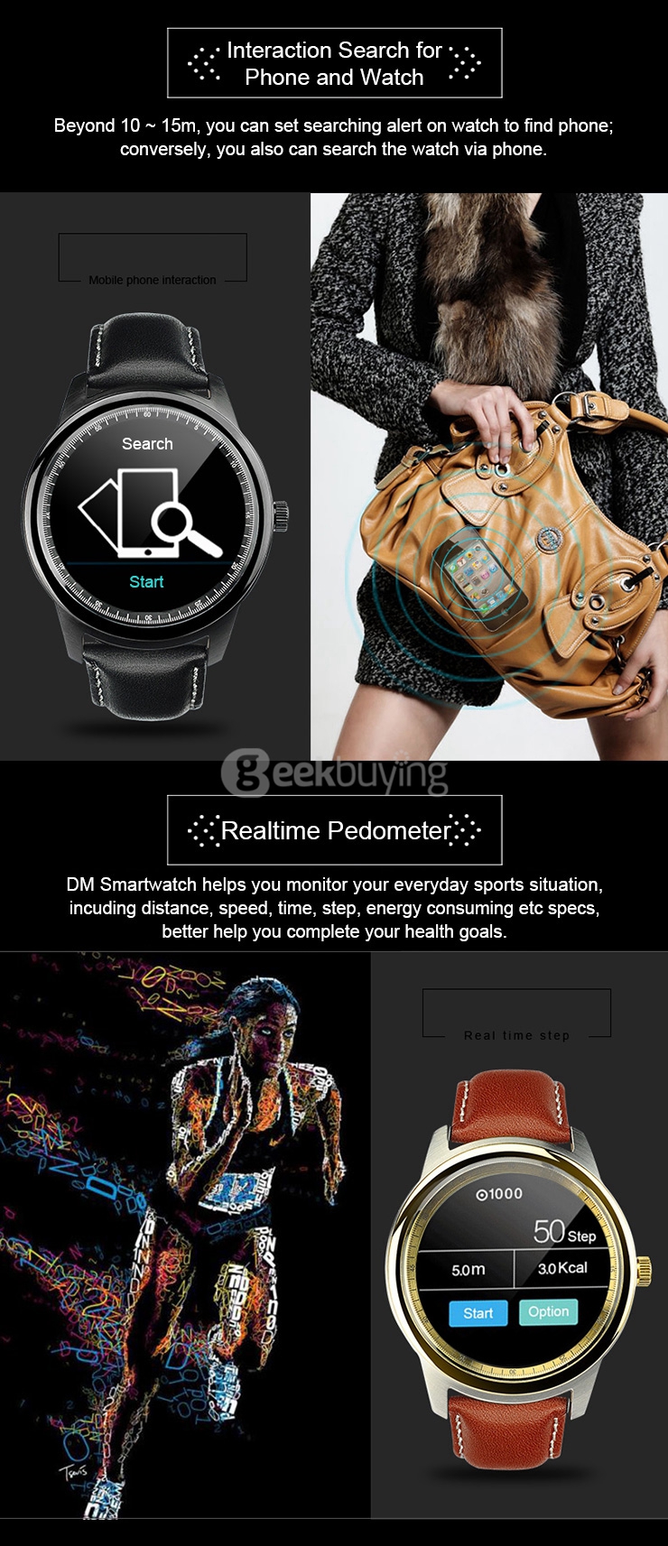 Makibes DM365 Bluetooth 4.0 Smart Watch MT2502A With Leather Strap Touch Screen Pedometer Sleep Monitor Anti-lost for iOS Android - Black