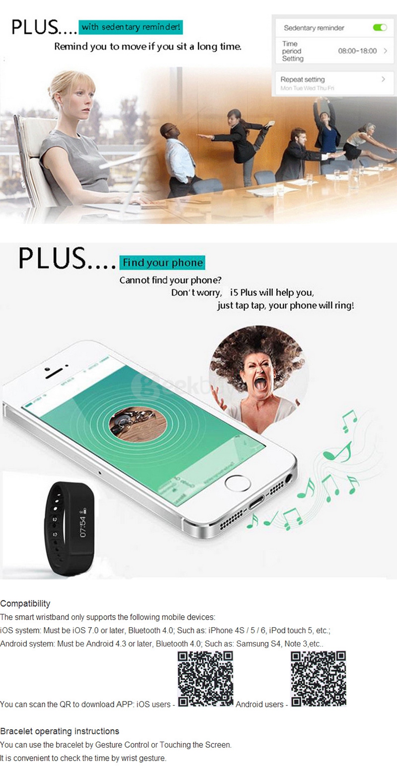 iWOWN i5 Plus BT4.0 Smart Bracelet IP67 Sleep Monitoring Sports Fitness Tracker Smartband Call Message Reminder Sedentary Alert - Black