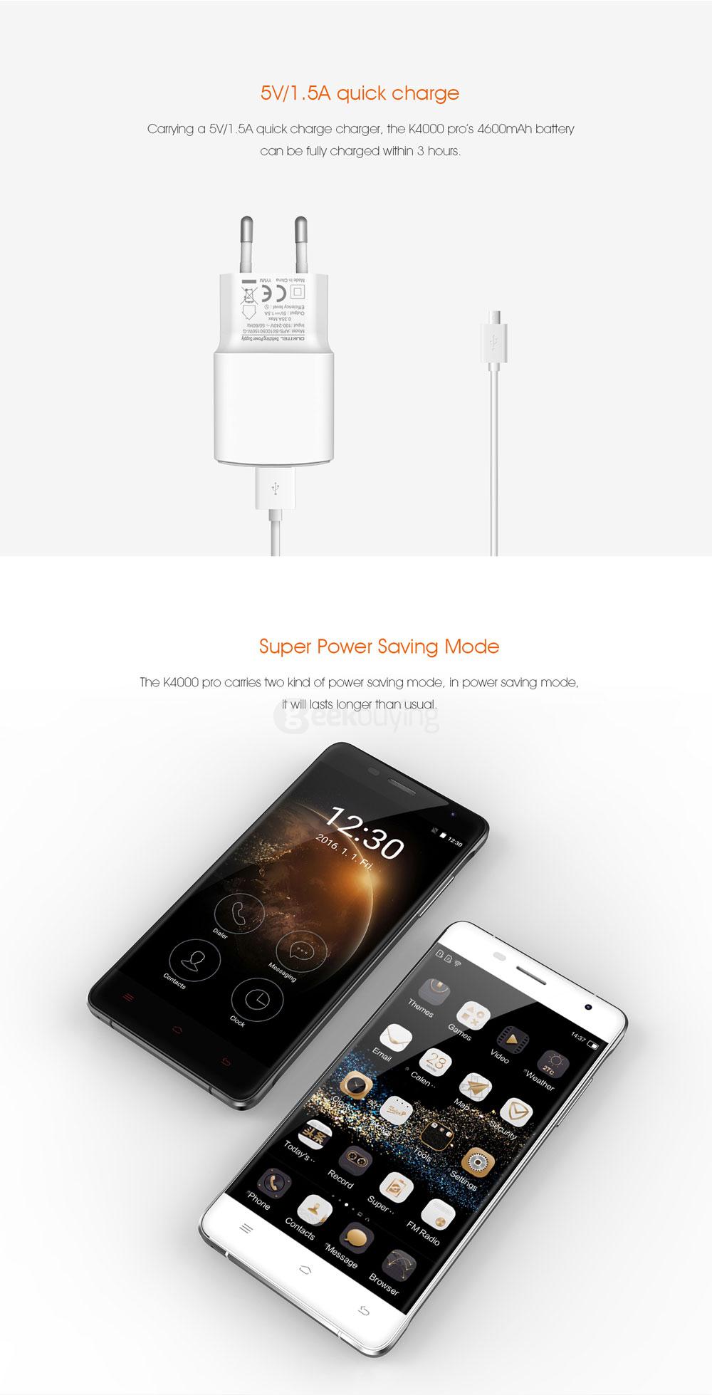 [HK Stock] OUKITEL K4000 Pro 5.0inch 4G FDD-LTE 4600mAh Android 5.1 Smartphone MT6735 Quad Core 2GB 16GB 13.0MP IPS HD 5V/1.5A Quick Charge - White