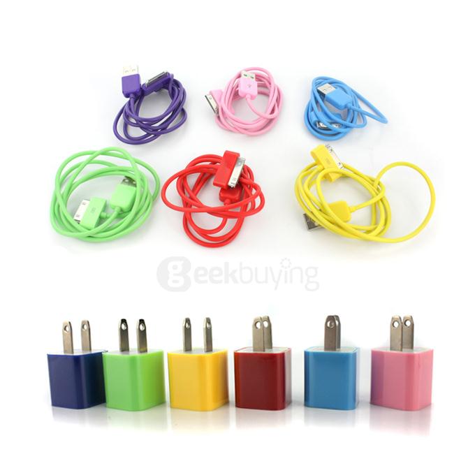 US Plug USB Wall Charger Power adapter + Data Cable for iPhone 4S 4G 3G 3GS 2G iPod - Color Random