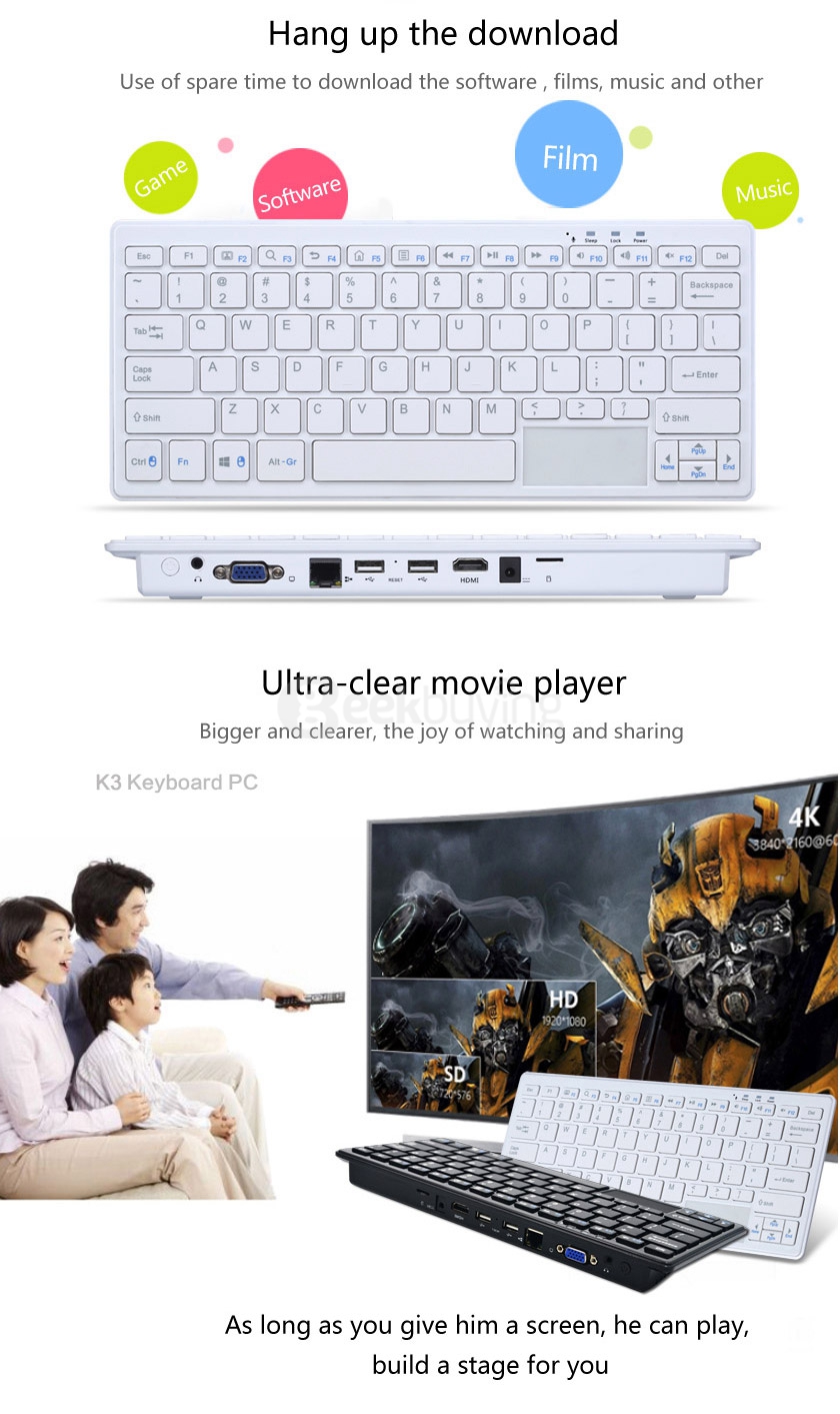 K3 Wintel Keyboard Windows MINI PC with 76 Keys & Touch Pannel Intel Z3735F 2G/32G 802.11 b/g/n LAN Bluetooth4.0 HDMI VGA - White
