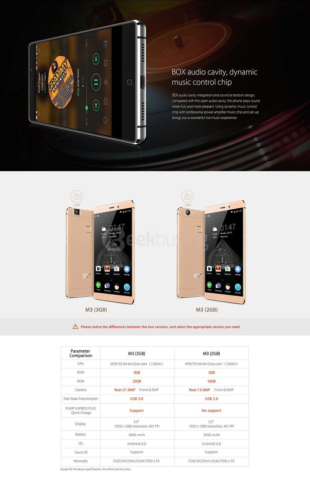 Elephone M3 5.5inch MT6755 Helio P10 Octa Core Android 5.1 3GB 32GB Smartphone 4G LTE 21.0MP Type-C 3.0 - Champagne Golden