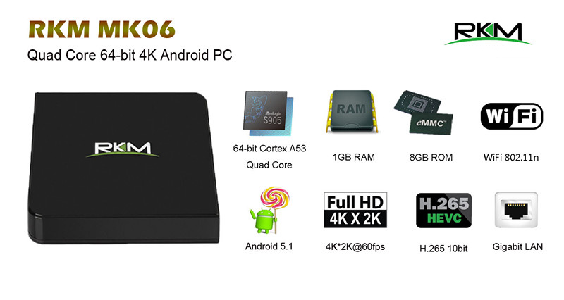 RKM MK06 Amlogic S905 4K Smart TV BOX Android 5.1 1G/8G 802.11 b/g/n Gigabit LAN Bluetooth 4.0 KODI H.265