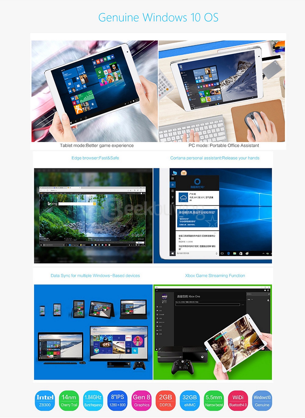 Teclast X80 Plus Tablet PC 8 inch Dual OS Windows 10 + Android 5.1 2GB/32GB Intel Atom X5 Z8300 Quad Core 1.84GHz IPS 1280*800 - White