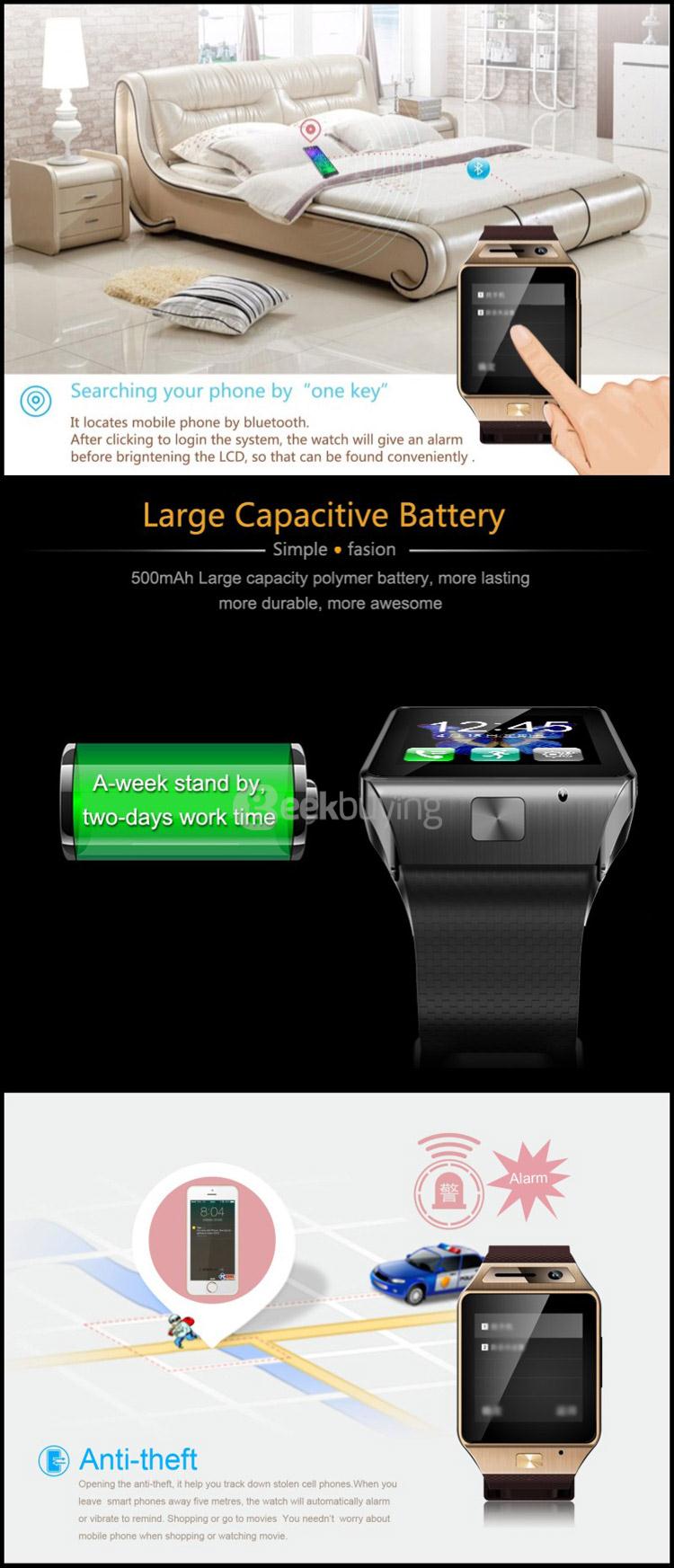 GV08S 1.54inch MTK6260A Smart Watch 2.0MP BT3.0 Memory Card and SIM Card Slot Pedometer For Android - Black