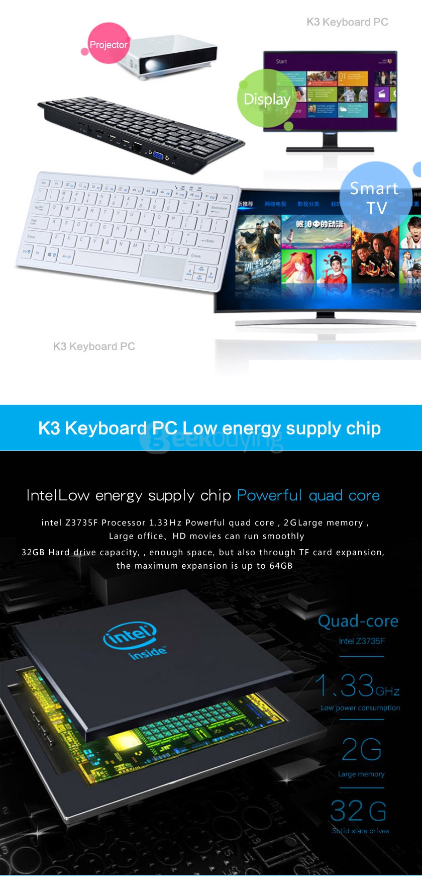K3 Wintel Keyboard Windows MINI PC with 76 Keys & Touch Pannel Intel Z3735F 2G/32G 802.11 b/g/n LAN Bluetooth4.0 HDMI VGA - White