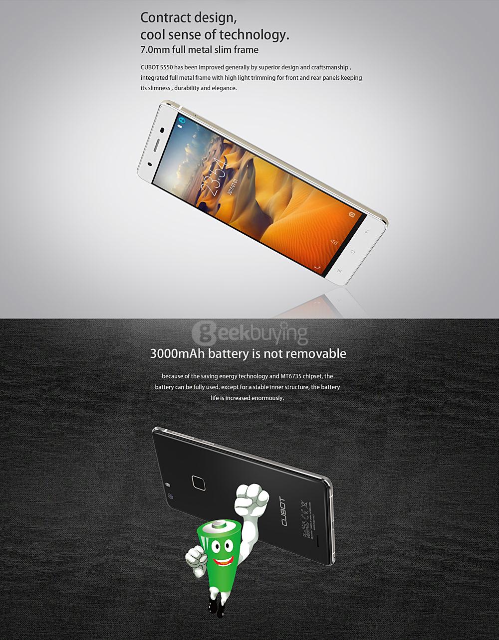 [HK Stock] CUBOT S550 5.5inch IPS HD 4G FDD-LTE Android 5.1 Smartphone 2GB 16GB 64-bit MTK6735 Quad Core 13.0MP Touch ID - White