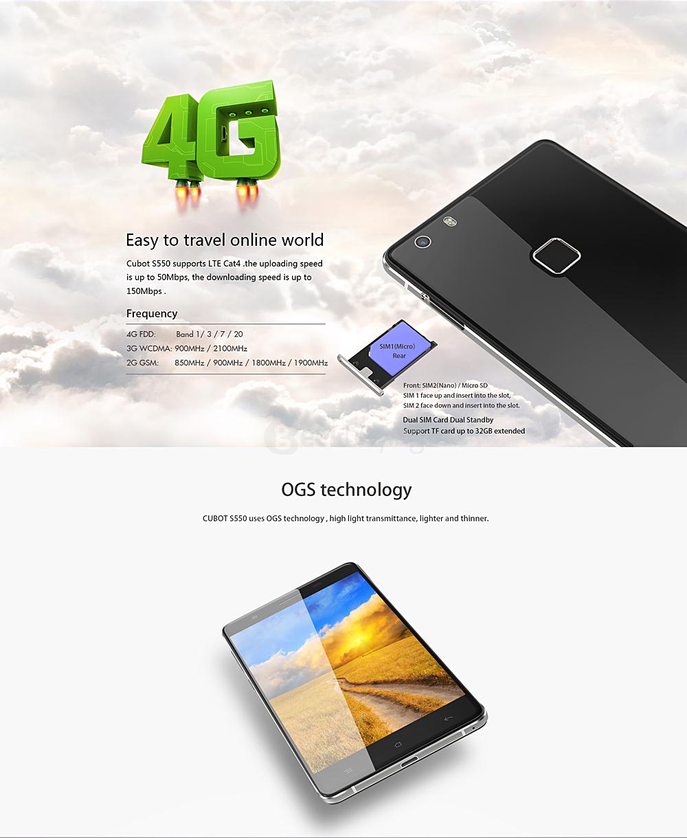 [HK Stock] CUBOT S550 5.5inch IPS HD 4G FDD-LTE Android 5.1 Smartphone 2GB 16GB 64-bit MTK6735 Quad Core 13.0MP Touch ID - White