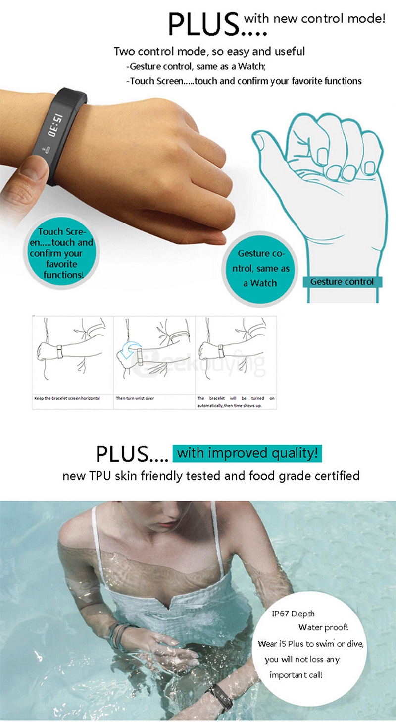 iWOWN i5 Plus BT4.0 Smart Bracelet IP67 Sleep Monitoring Sports Fitness Tracker Smartband Call Message Reminder Sedentary Alert - Black
